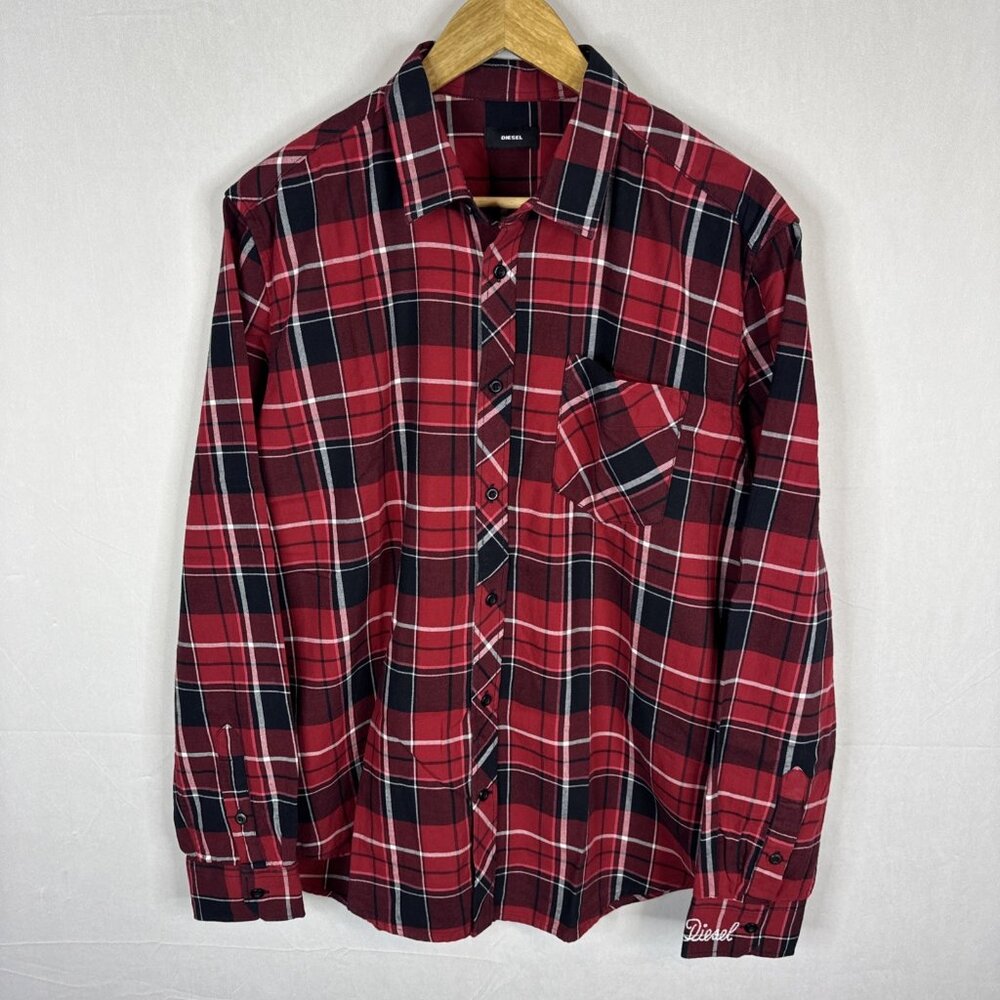 Diesel Plaid Button Up Shirt Mens Lā Red Black Cotton Long Sleeve